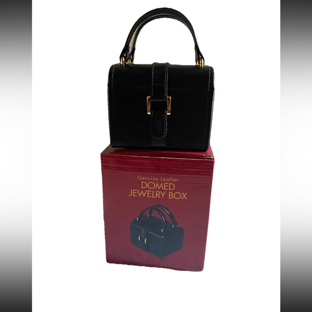 Dulwich Designs Travel Jewelry Box Genuine Leather Domed Black With Mirror